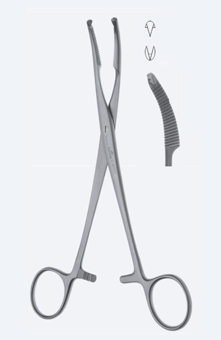 Зажим для черевної порожнини Mikulicz, вигнуті, зубчасті щелепи, зубці 2 х 1, з кремальєрою, довжина 180 мм. Бренд - Asanus Medizintechnik Gmb, Німеччина